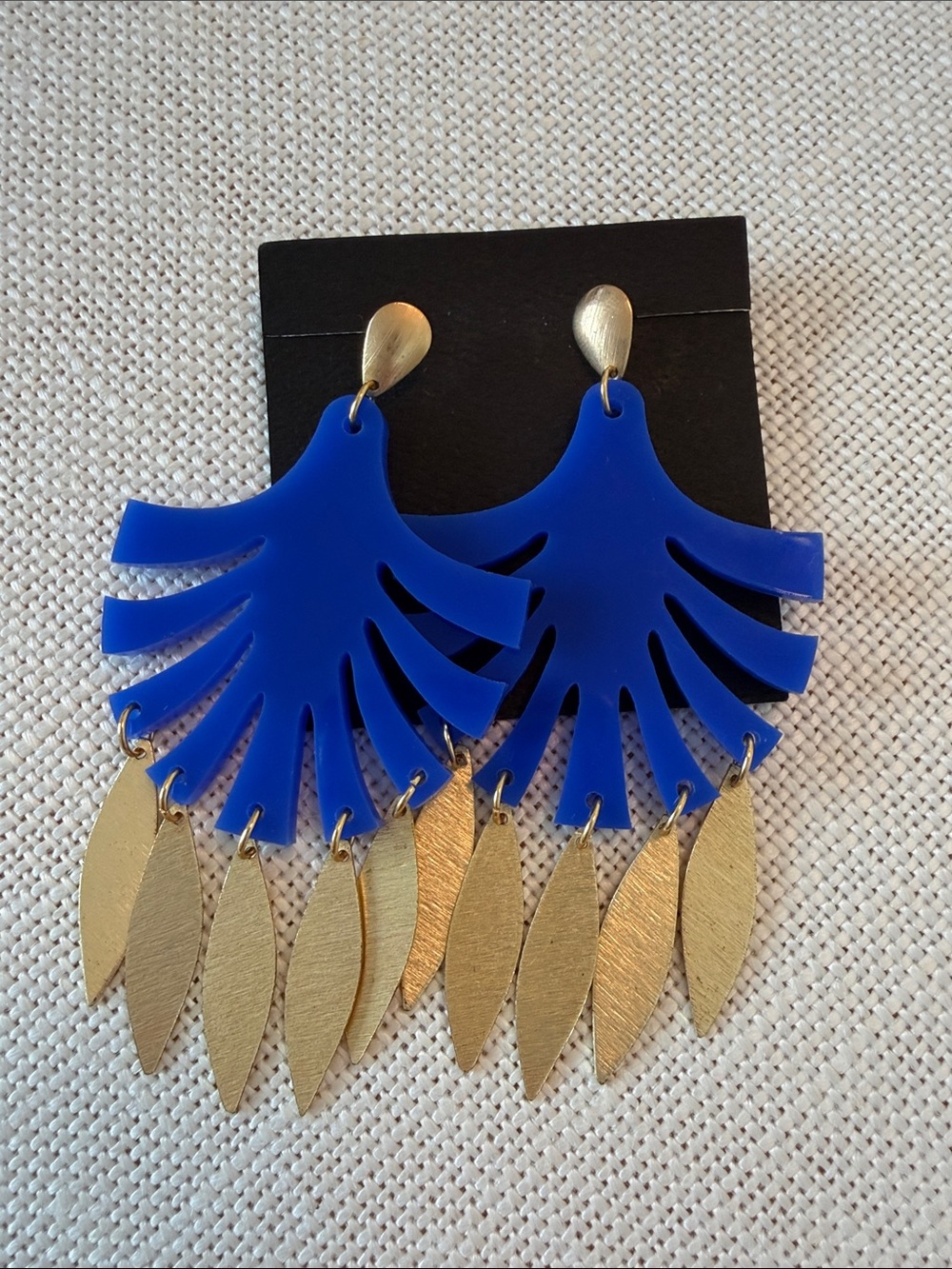 Bold Blue Fan Earrings with Gold Leaf Drops